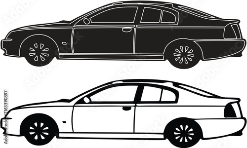 Set of Cars Side View Black and White Outline Vector Collection