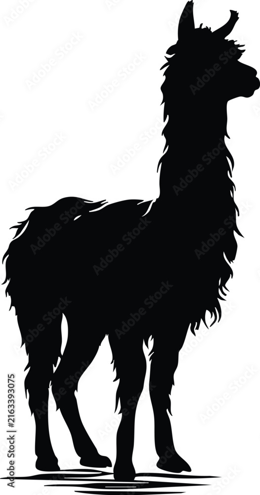 Naklejka premium Llama standing in profile view silhouette isolated on transparent background for design.