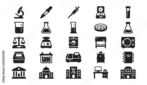 Laboratory equipment and scientific research icons set with laboratory, research