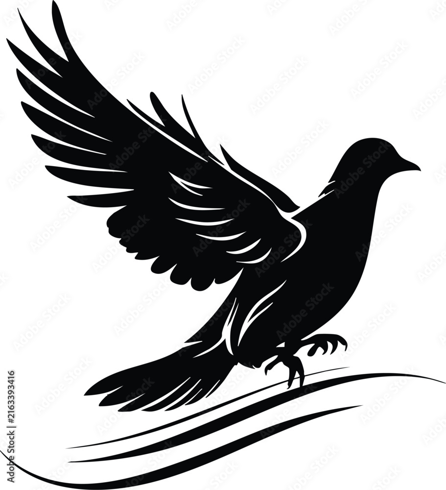 Fototapeta premium Dove bird flying with wings spread open on wavy lines, peaceful symbol.
