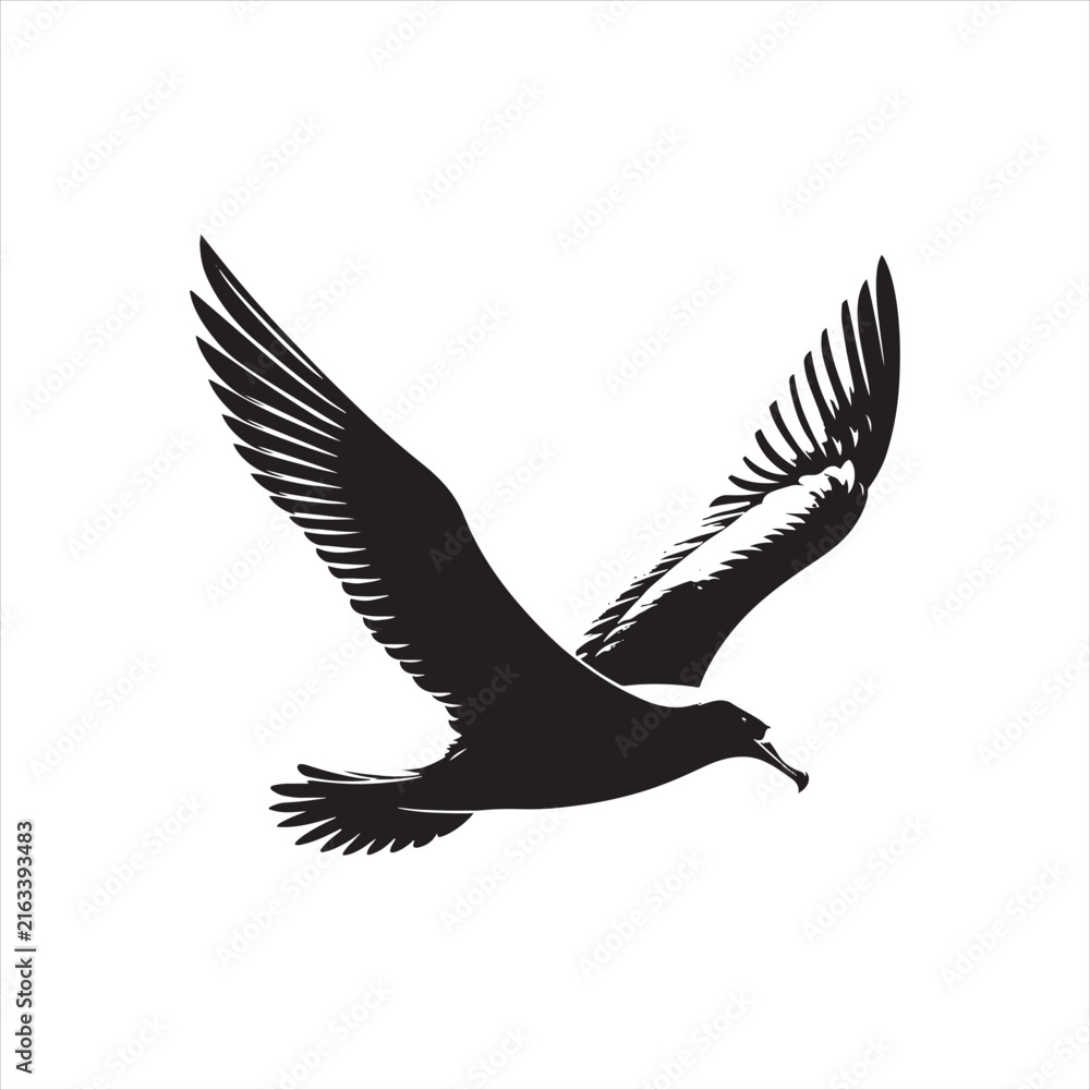 Fototapeta premium Albatross Bird Silhouette Flying Over Ocean-Black Wildlife Vector Illustration-Seabird Wings Spread- Nature Animal Graphic-Minimalist Monochrome Design