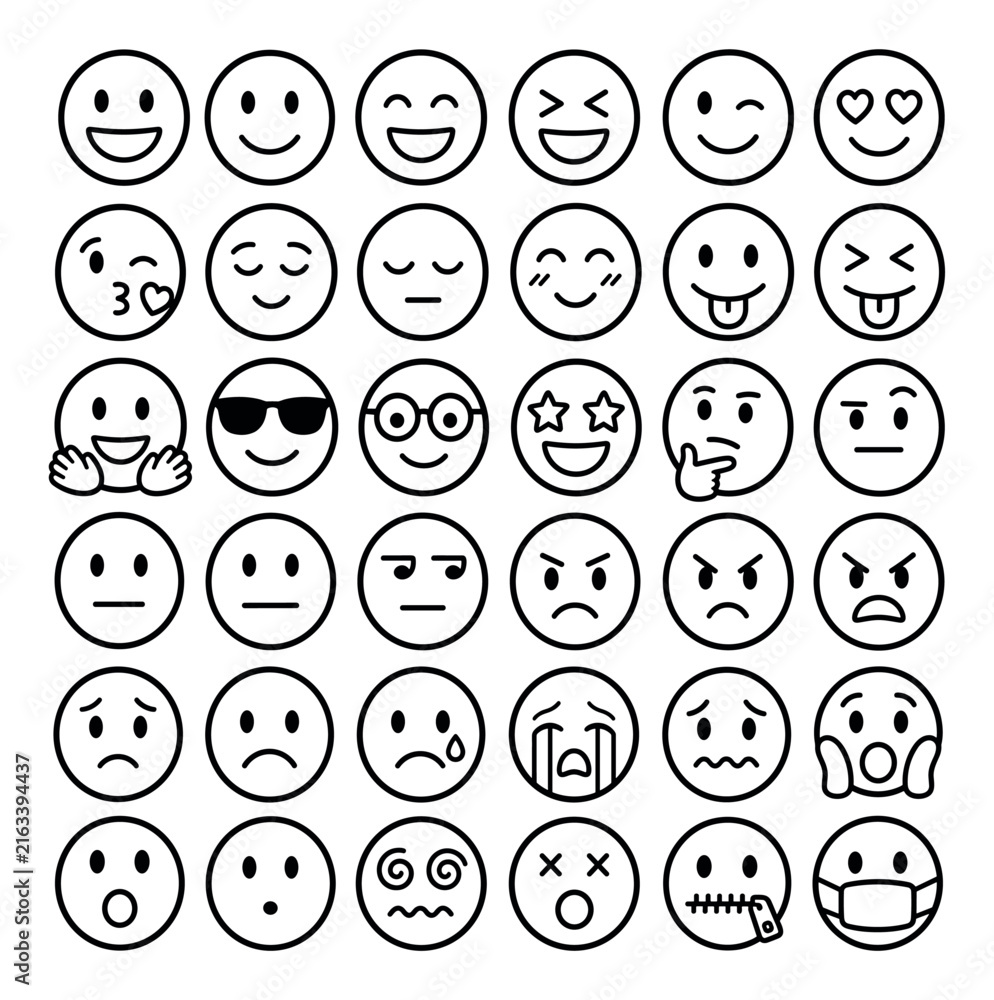 Fototapeta premium Simple outline smiley face icons showing various emotions and expressions including happiness sadness anger surprise and fear in a minimalist vector style