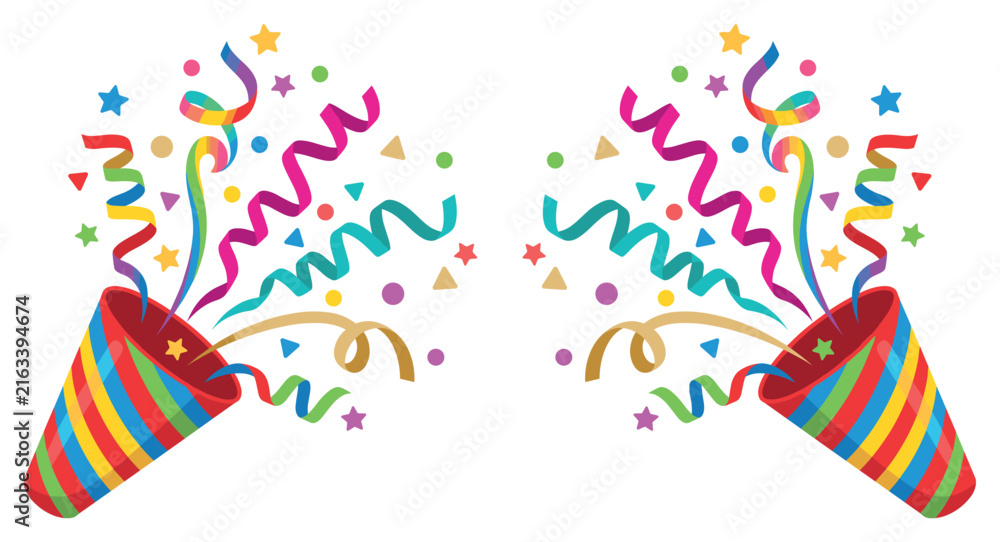 Obraz premium Two colorful party poppers shooting out confetti and vibrant streamers to celebrate a festive occasion like a birthday, New Year, or carnival event