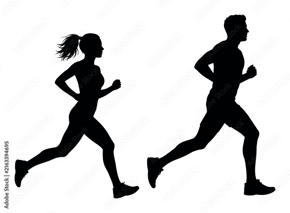 Naklejka premium Silhouette of a man and woman running together during an athletic workout session to improve fitness, health, and endurance
