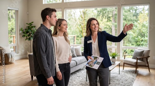 Real Estate Agent Shows Modern Home to Young Couple Interested in Buying Property