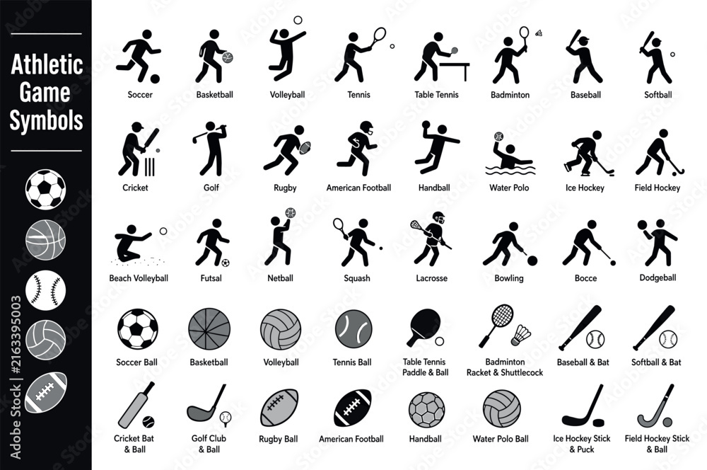 Naklejka premium Athletic game symbols and sports equipment icons representing various popular team and individual sports including soccer, basketball, tennis, golf, and hockey