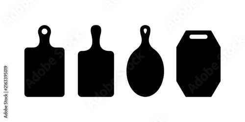 Black kitchen cutting board silhouettes arranged in a neat row displaying various professional cooking tool shapes on white background area