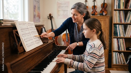Music teacher guides young student playing piano with sheet music in a cozy room with violins and books
