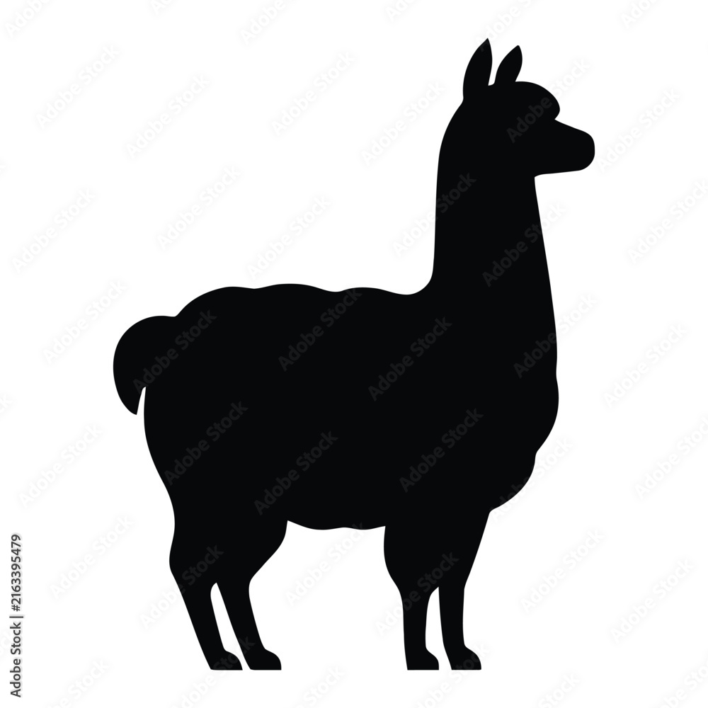Naklejka premium A black llama stands in profile a detailed animal silhouette alpaca