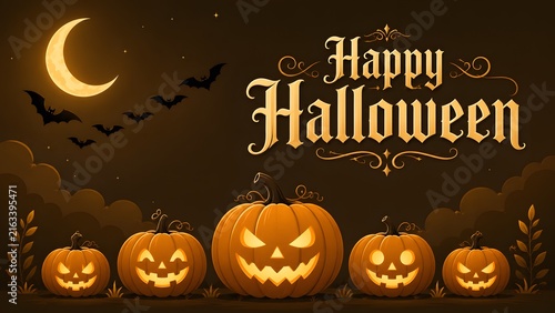 Happy halloween greeting card design with glowing jack o lanterns and bats under a crescent moon background