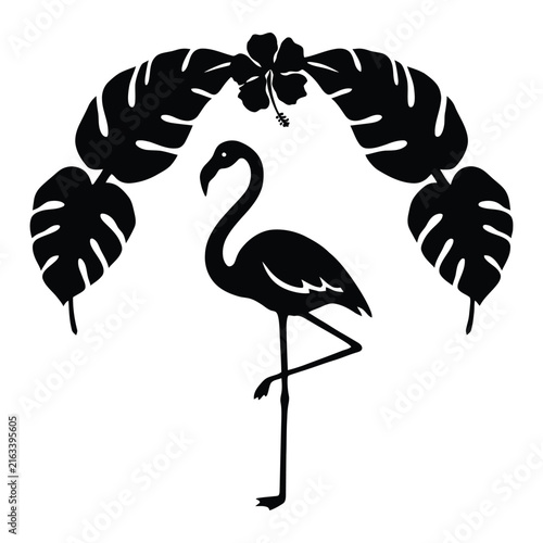 A black flamingo stands beneath monstera leaves and a hibiscus flower silhouette