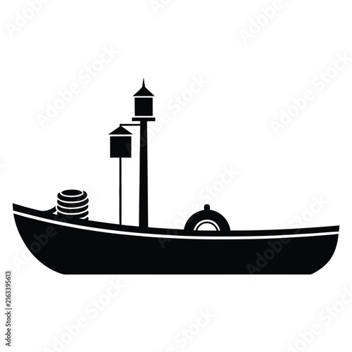 A dark silhouette of a traditional fishing boat rests on a white background silhouette