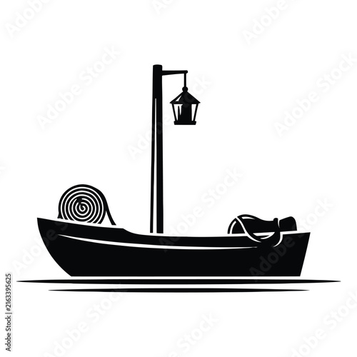 A small fishing boat with coiled rope and lantern is shown in silhouette