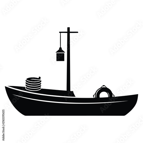 A detailed fishing boat with coiled rope and life preserver is a silhouette