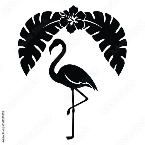 A flamingo stands beneath monstera leaves and hibiscus flowers black silhouette