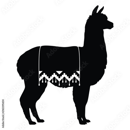 A black silhouette of a llama with a decorated textile blanket silhouette