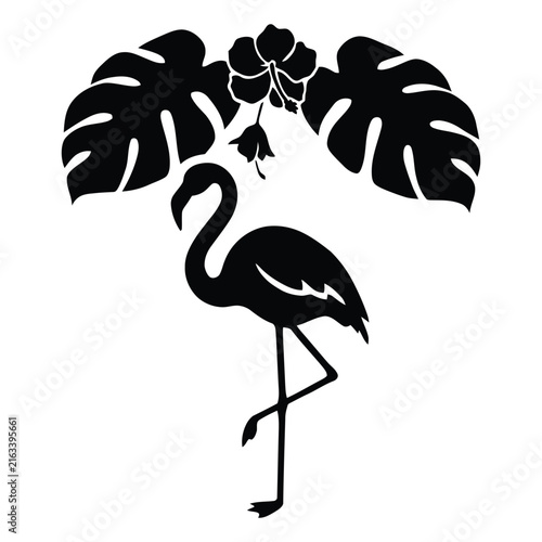 A tropical flamingo with monstera leaves is depicted in a black silhouette