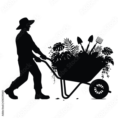 Gardener pushing wheelbarrow filled with plants and tools black silhouette gardening