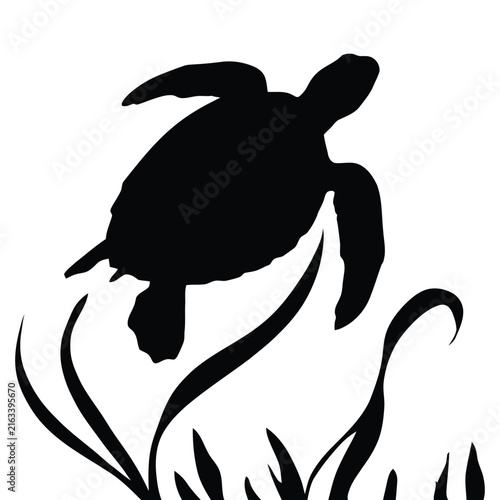 A sea turtle swims above aquatic plants depicted as a black silhouette