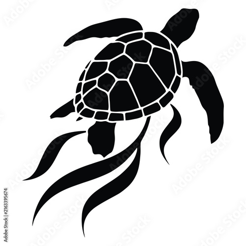 A black sea turtle gracefully swimming depicted as a striking silhouette