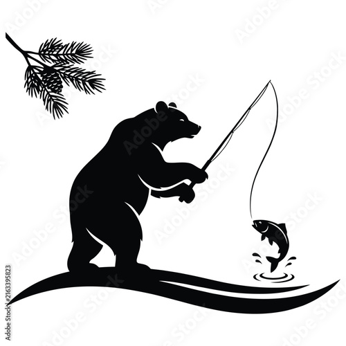 A black silhouette of a bear fishing with a leaping fish a scenic silhouette