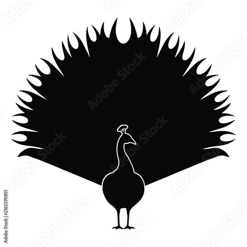 A black silhouette of a peacock with fully displayed tail feathers silhouette