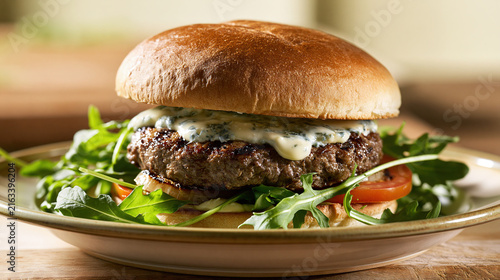 Mouthwatering grilled burger with melted cheese on fresh greens