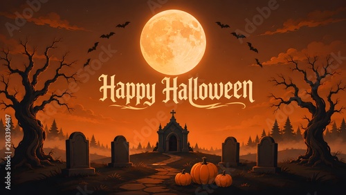 Spooky halloween background featuring a glowing full moon silhouette trees gravestones and pumpkins in a misty graveyard