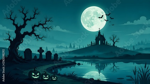 Spooky halloween night landscape featuring a haunted castle graveyard and glowing pumpkins under a bright full moon