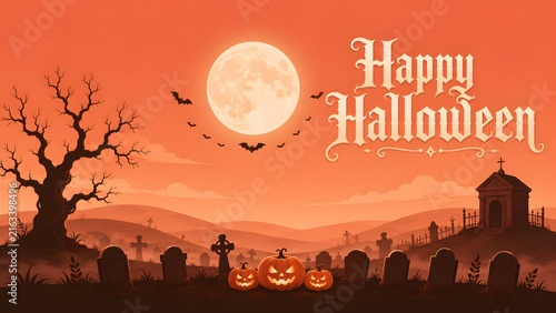 Happy halloween greeting card background with a spooky graveyard full moon bats and a glowing jack o lantern