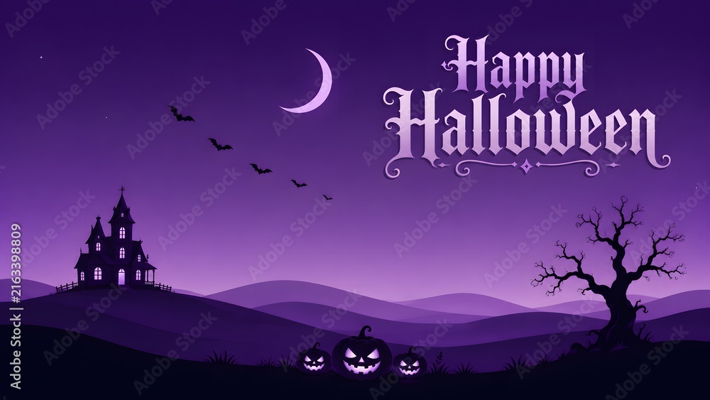Obraz premium Happy halloween greeting card design with a spooky haunted house silhouette and carved pumpkins on purple background