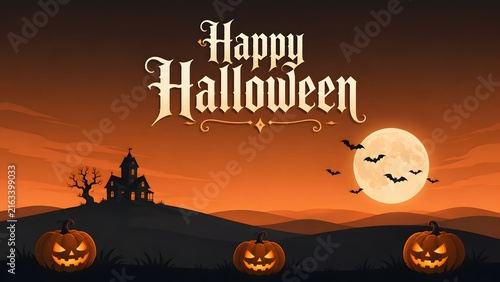 Happy halloween greeting card design with a spooky haunted house full moon and glowing carved jack o lanterns