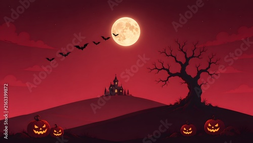 Spooky halloween night scene with a glowing full moon bats a haunted house and carved jack o lanterns
