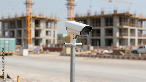 Pole mounted surveillance camera monitoring an active urban construction site in daylight