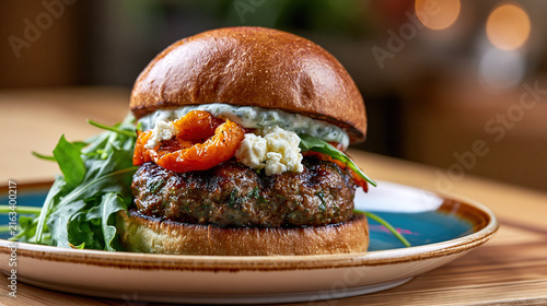 Grilled patty sandwich with toppings on white plate