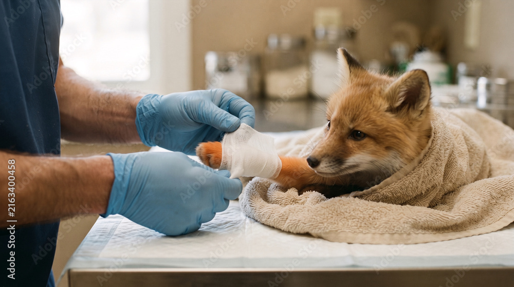 Naklejka premium Veterinarian bandaging injured fox paw in sterile clinic setting