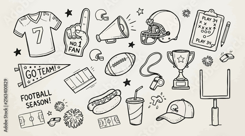 A detailed collection of american football related items in a sketch style illustration