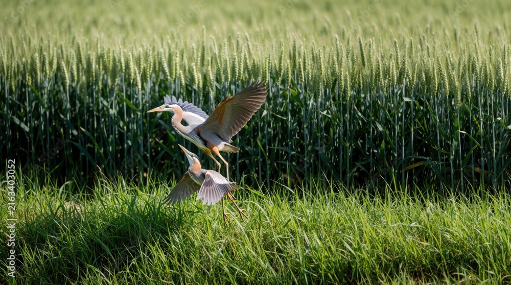 Naklejka premium Two grey herons fly over green grass with wheat field background. Birds spread wings during flight near wetland nature preserve. Wildlife scene in natural habitat with avian subjects.