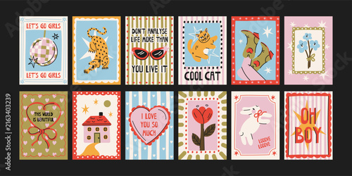 Cuadro en lienzo Vintage 90s girls posters with retro cat, disco ball, flowers, hearts, fashion a