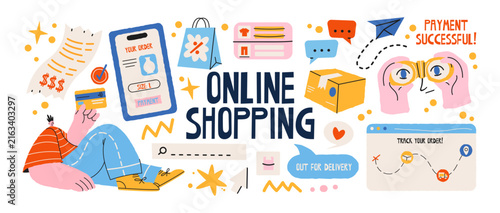 Online shopping ecommerce business with digital payment, order tracking, delivery service and customer purchase process, retro cartoon style. Retail technology, consumer commerce and online sale