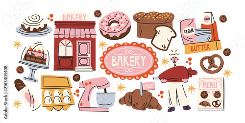 Bakery and baking concept with pastries, bread, donuts, croissants, ingredients, mixer and pastry chef, retro cartoon style for bakery branding, cafe menus, food packaging and culinary business