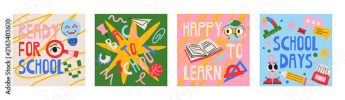 Back to school posters for students and education, colorful cards with backpacks, books, pencils, globe and school supplies, retro cartoon style, classroom decor, welcome messages and academic 