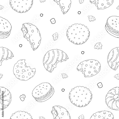 Cookies and Crumbs Seamless Pattern. Seamless cookie pattern with chocolate chip biscuits, broken pieces and scattered crumbs on a clean background.