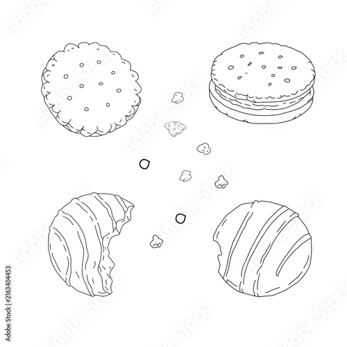 Cookies Collection Set Seamless Pattern. Collection of assorted hand drawn cookies with crumbs and biscuit pieces in a seamless pattern.