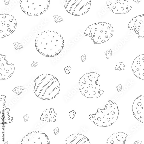 Cookies and Crumbs Seamless Pattern. Seamless cookie pattern with chocolate chip biscuits, broken pieces and scattered crumbs on a clean background.
