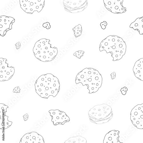 Cookies and Crumbs Seamless Pattern. Seamless cookie pattern with chocolate chip biscuits, broken pieces and scattered crumbs on a clean background.