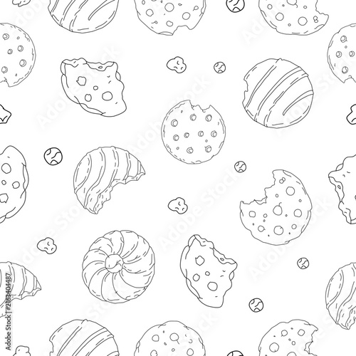 Cookies and Crumbs Seamless Pattern. Seamless cookie pattern with chocolate chip biscuits, broken pieces and scattered crumbs on a clean background.