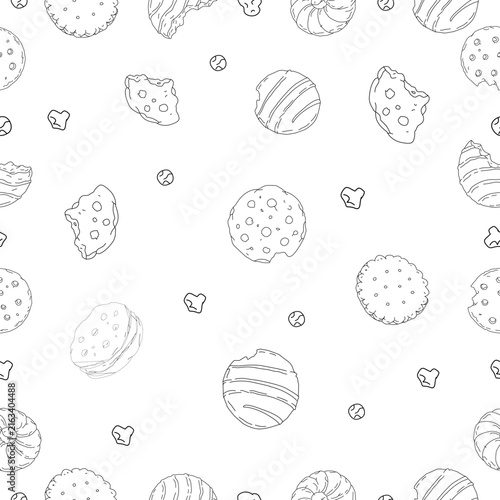 Cookies and Crumbs Seamless Pattern. Seamless cookie pattern with chocolate chip biscuits, broken pieces and scattered crumbs on a clean background.