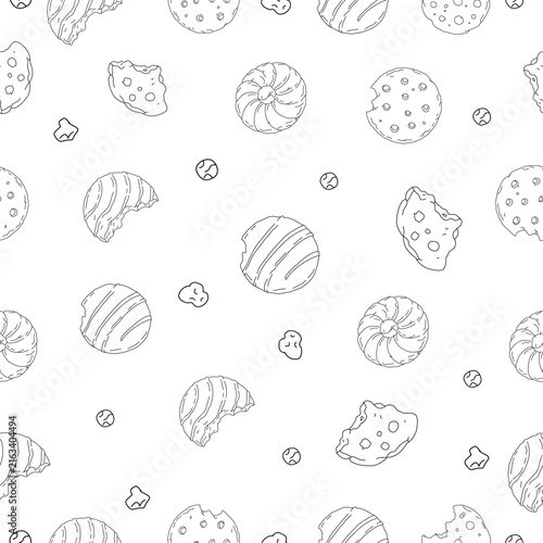 Cookies and Crumbs Seamless Pattern. Seamless cookie pattern with chocolate chip biscuits, broken pieces and scattered crumbs on a clean background.