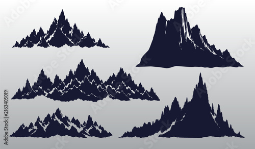 Mountain silhouette vector set featuring jagged alpine peaks and rocky ridge landscapes isolated on a neutral background, dark blue high-contrast design graphics.